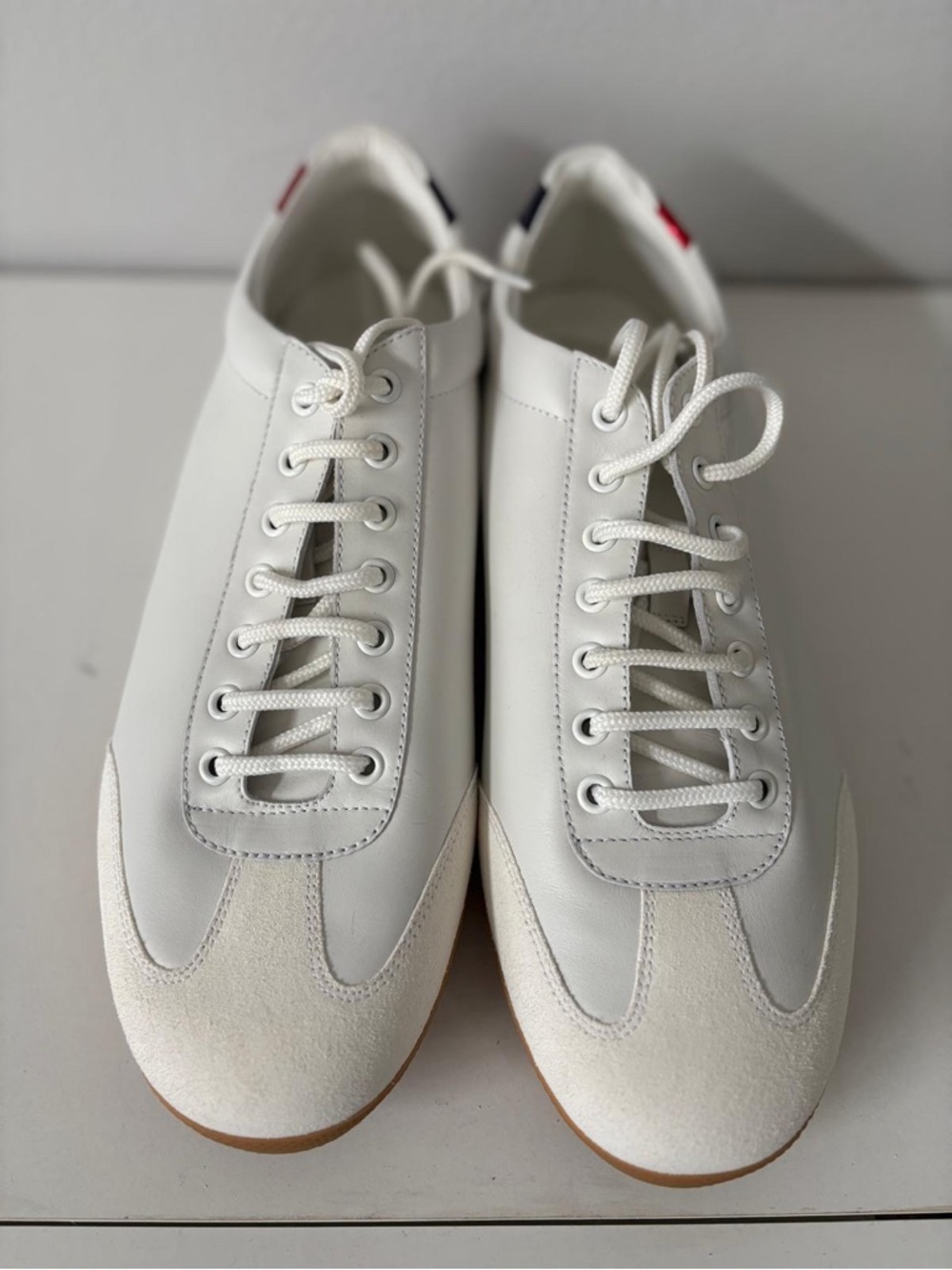 Gucci White Leather & Suede Low-Top Sneakers with Subtle Red & Blue Heel Tabs